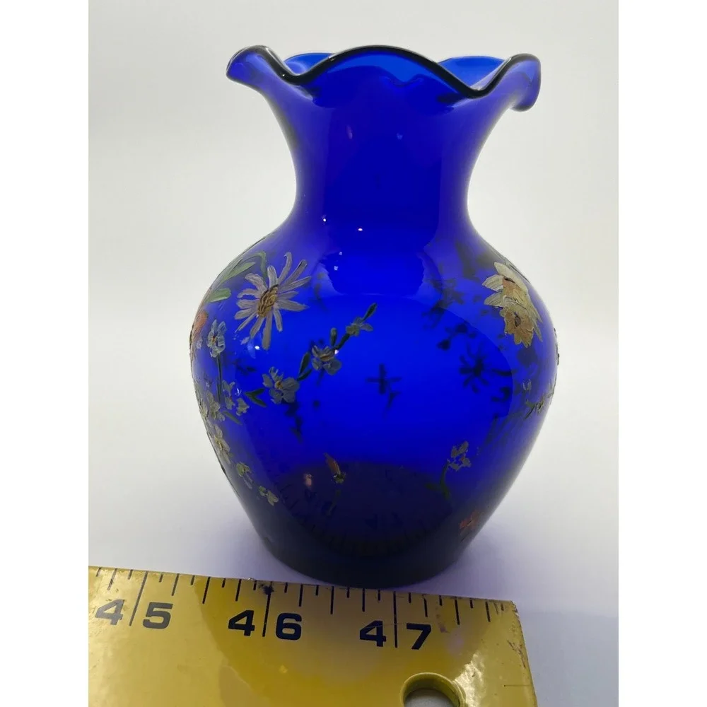 Vintage Cobalt Blue Hand Blown Glass Ruffle Vase. Hand Painted Lot‎ of two
